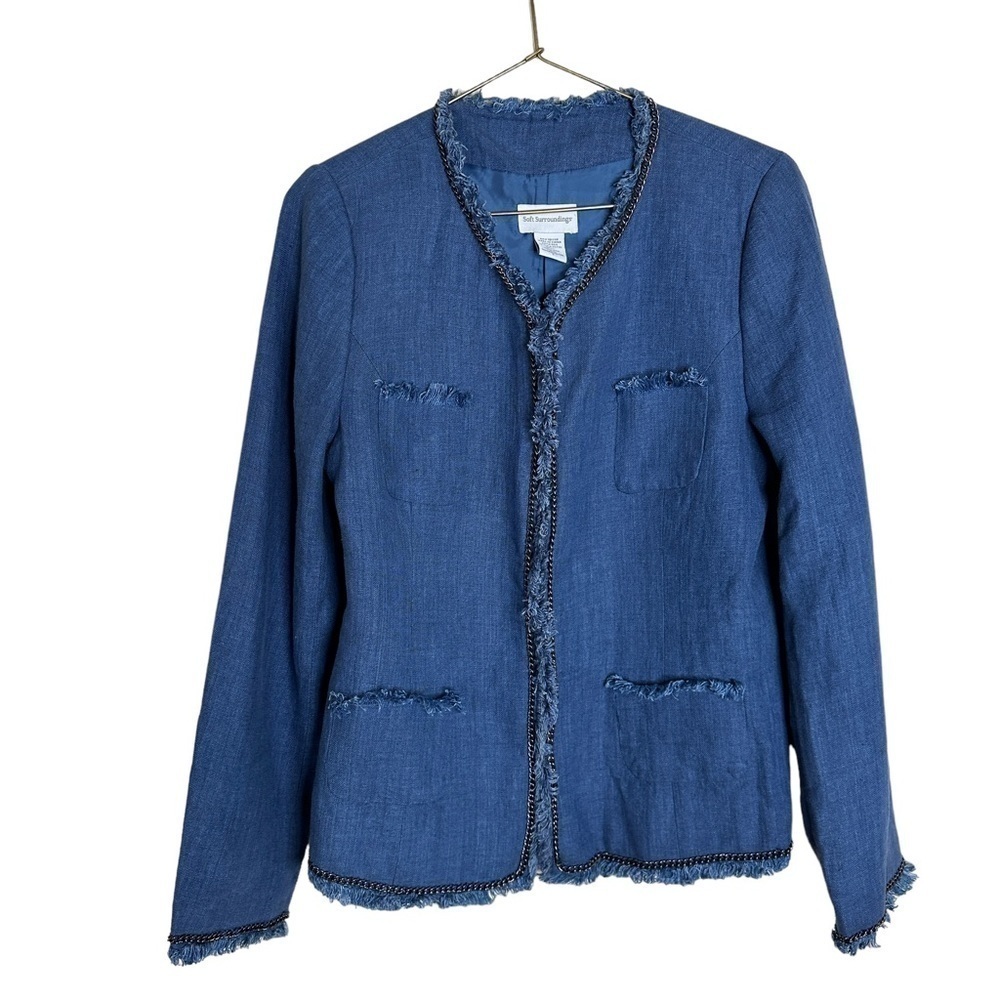 SOFT Surroundings Blue Linen Chain and Raw Fringe Hem Jacket Women’s Size Small - Picture 4 of 13